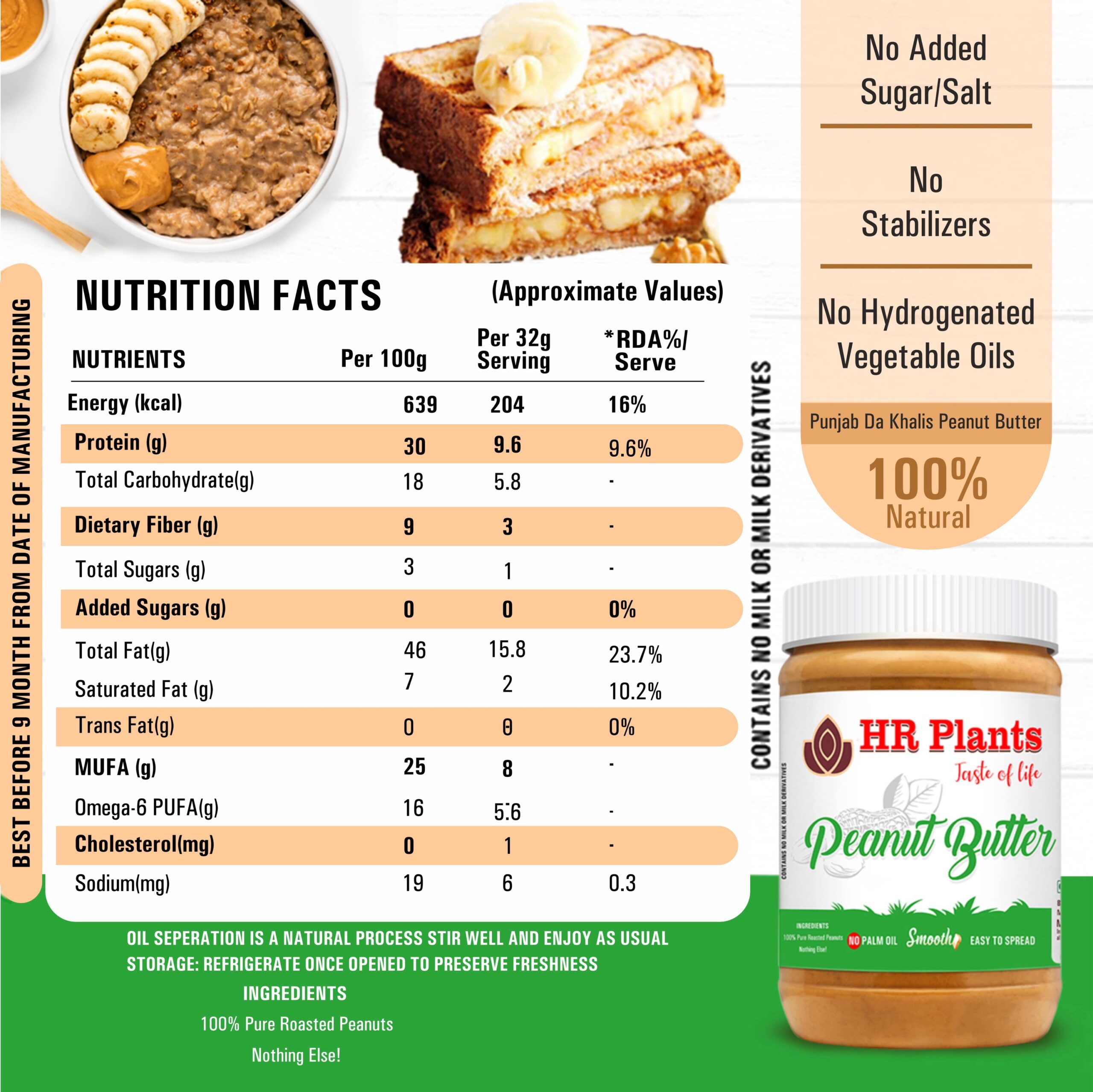 HR Plants Natural & Smooth Peanut Butter - Creamy Spread for Nutritious Delights, Perfect for Sandwiches and Snacks - Image 2